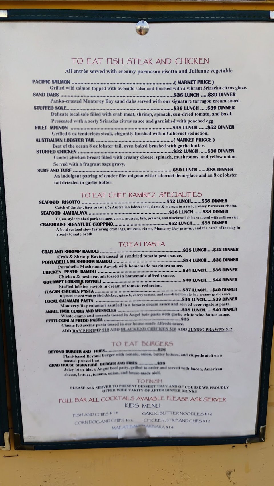 Dinner menu for a seafood restaurant.