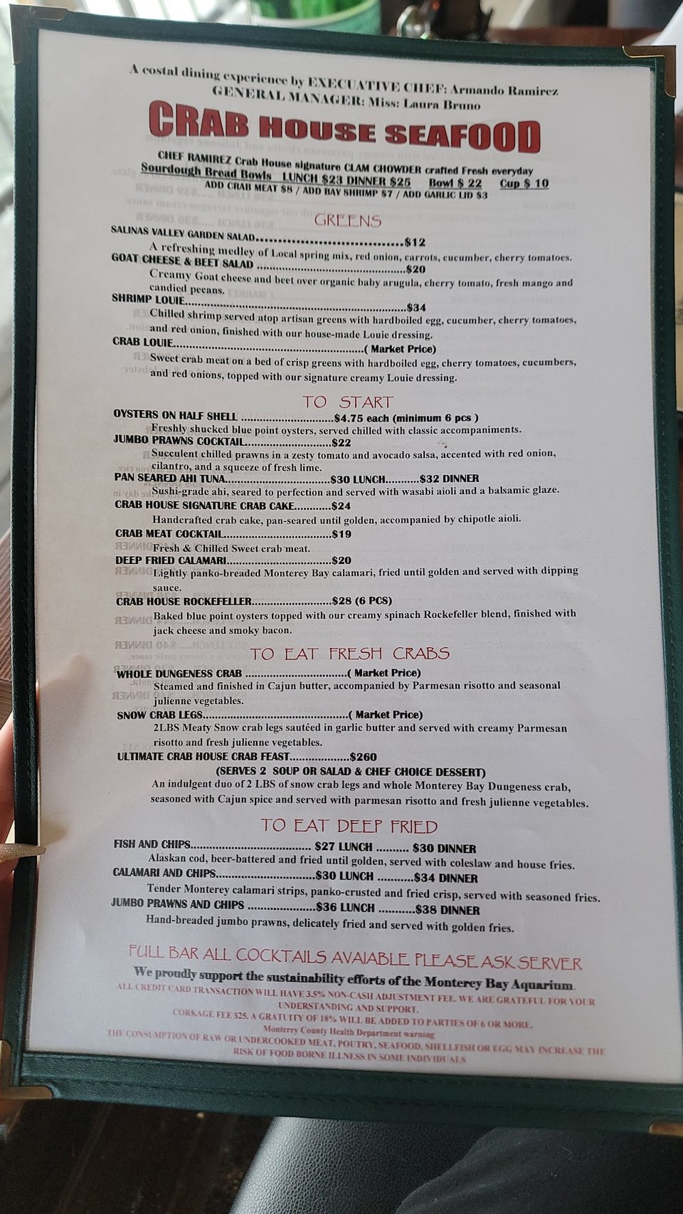 Menu page for steaks and seafood.